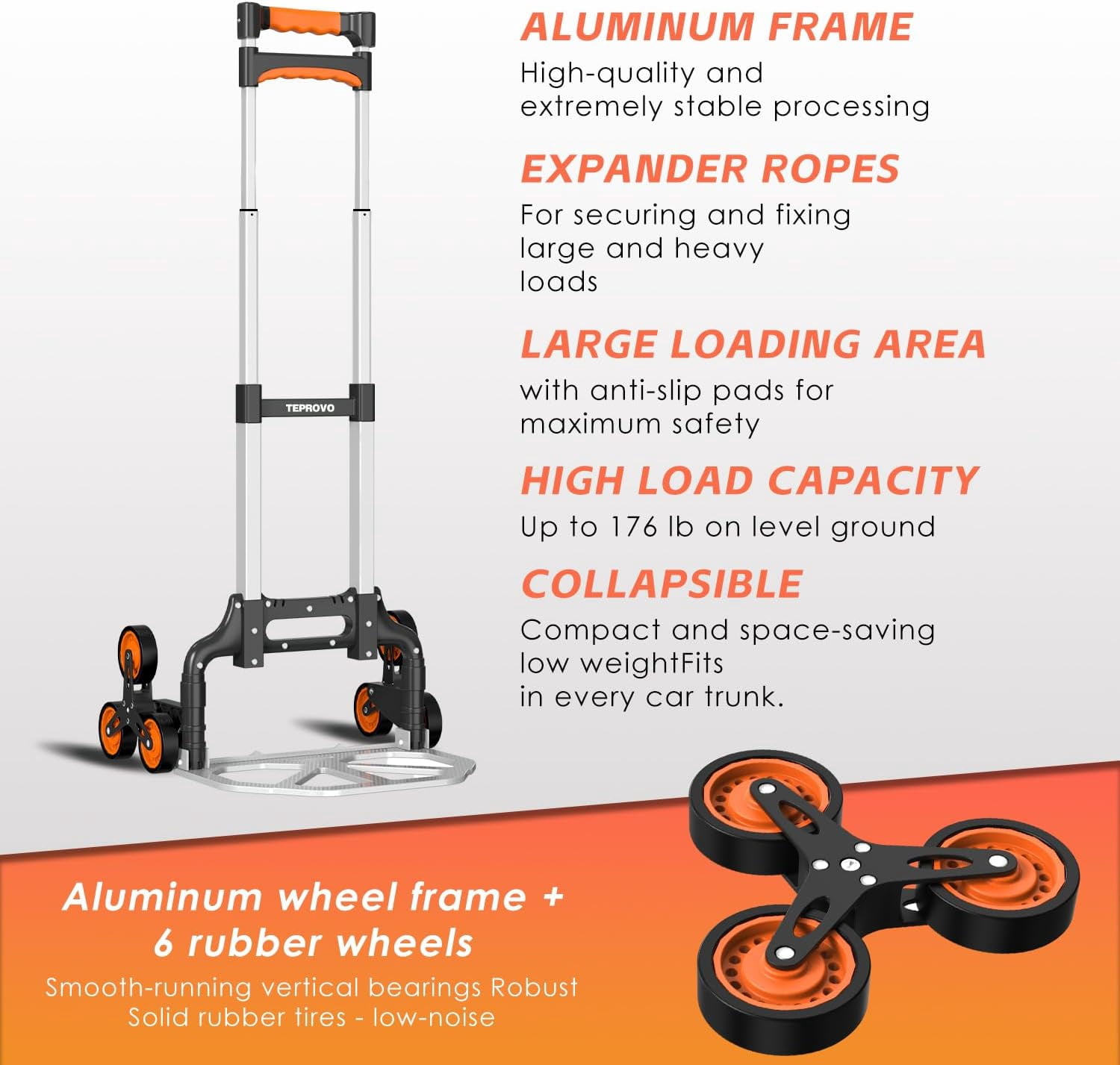 Stair Climbing Hand Truck Foldable Aluminum Dolly Cart 6-Wheel Stairs Climber 43.3 Handle 176 lb Flat Load Home Warehouse No Assembly