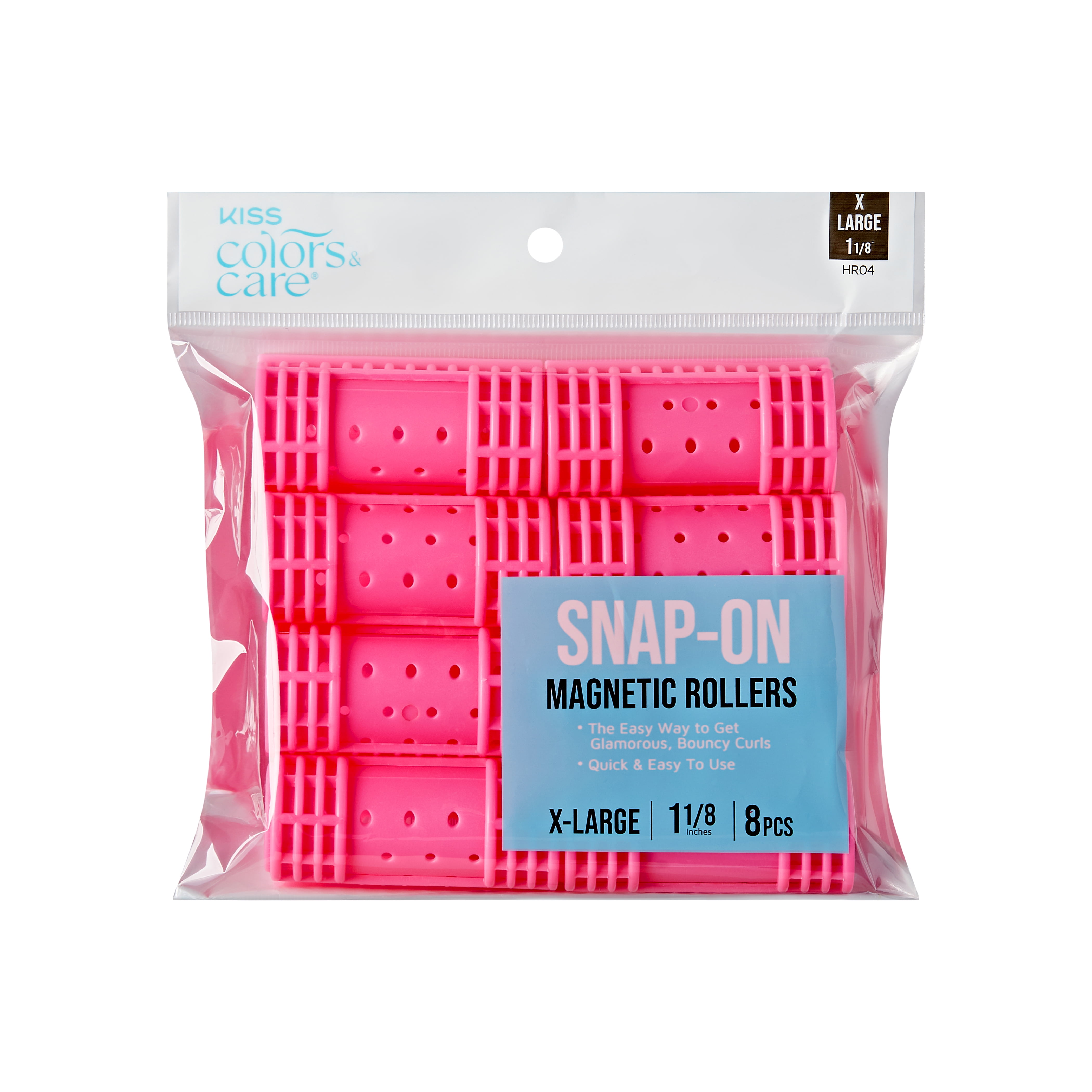 (12 pack) KISS COLORS & CARE Magnetic Snap On Hair Roller, 1 1/8", X-Large, 8 Piece Set, Hot Pink