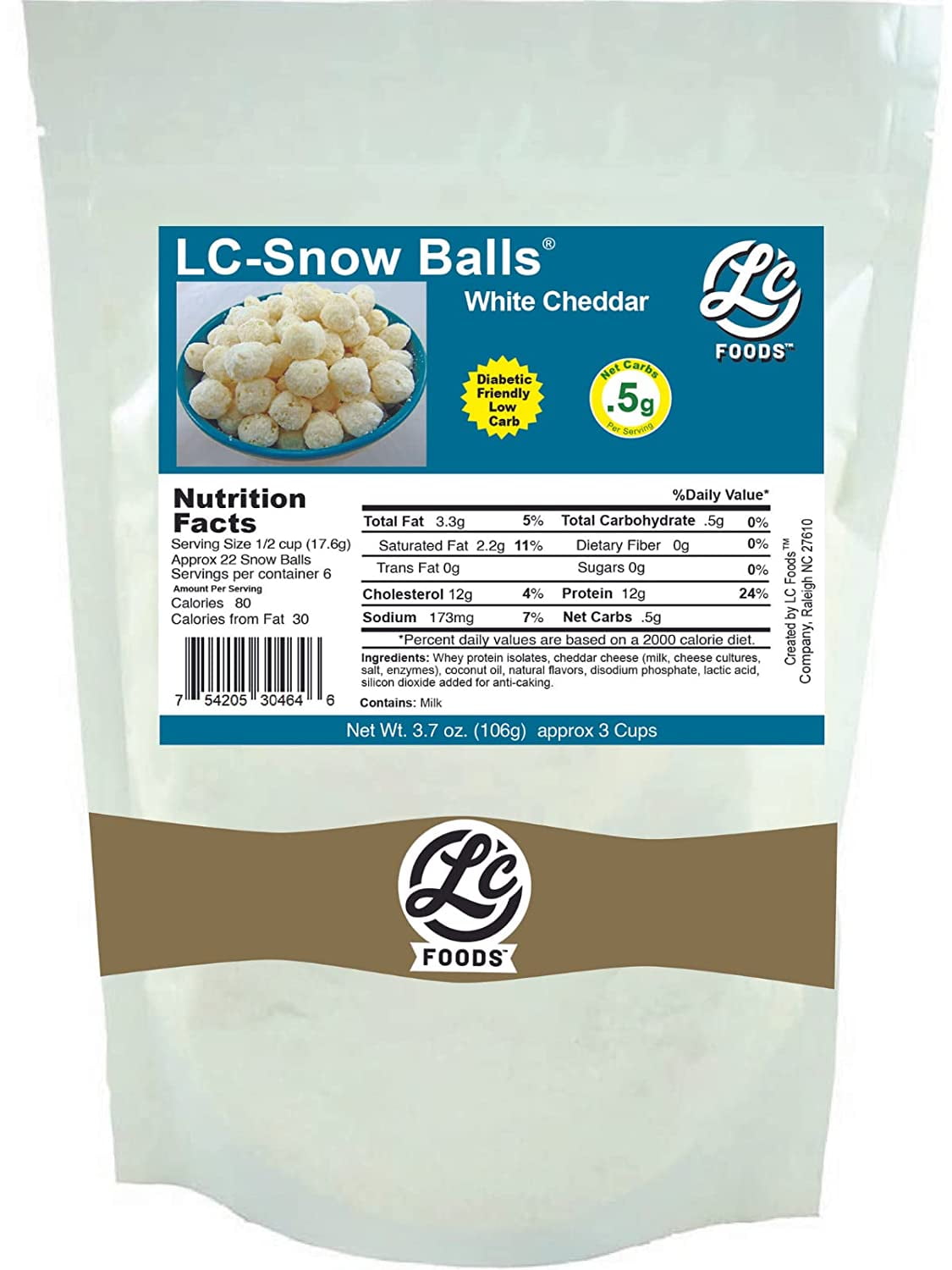 LC Foods White Cheddar Snowballs | Low Carb | Gluten-free | Keto-friendly | Sugar-free | Anytime Snack (3.7 Oz)