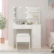 Vanity Table Set with Lighted Mirror and Stool,Lots Storage Dressing Table White