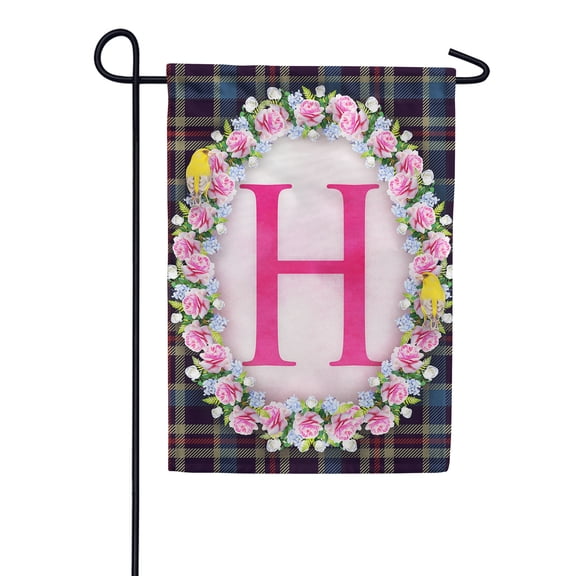 America Forever Spring Monogram Garden Flag Letter H 12.5 x 18 inches Double Sided Vertical Outdoor, Yard, Lawn, Seasonal Decorative Yellow Flowers, Pink Rose, Floral Wreath Garden Flag