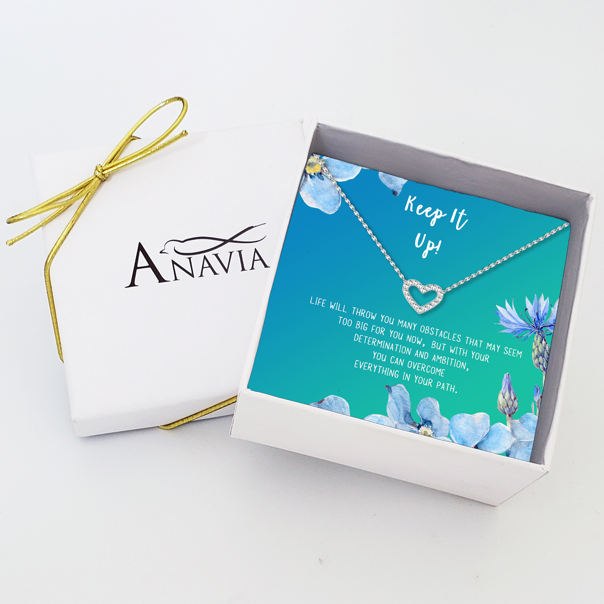 Anavia Keep It Up Card Gift Jewelry, Inspirational Card Necklace, Cheer up Gift, Encouragement Gift for Friend-[Silver Mini Crystal Heart, Bright Blue Gift Card]