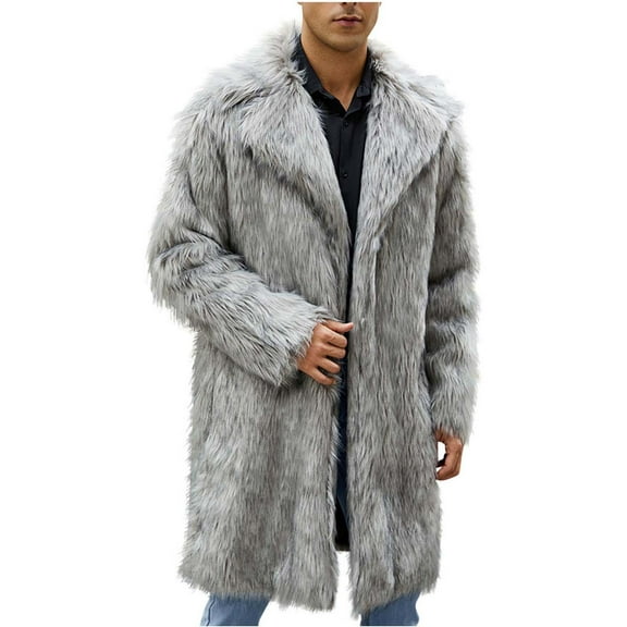 ZQUUVOU Men's Long Sleeve Faux Fur Jacket Notched Lapel Solid Color Winter Outwear Long Parka Jacket Overcoat Gray
