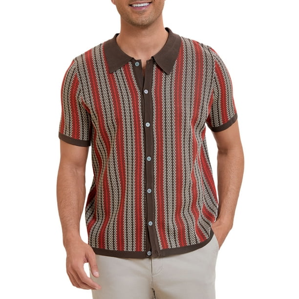 Polo de punto a rayas INSPIRE CHIC para hombres, camisetas de polo de manga corta con botones, jacquard, tamaño S, marrón oscuro
