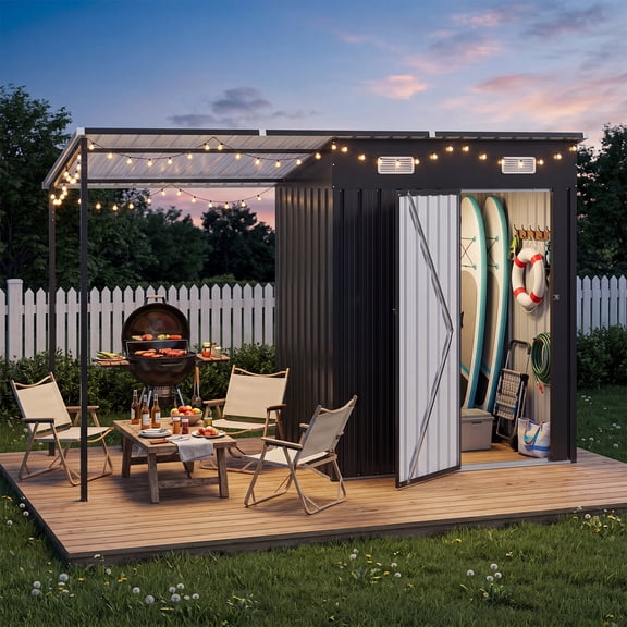 YardCache Open-Sided Storage Shed with Hardtop Pergola, 10x3 FT Shed and Outdoor Storage with 30 Sq.ft Covered, 2-in-1 Metal Shed for Patio Backyard, Black