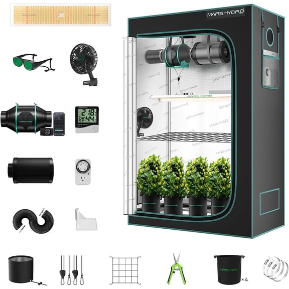 MARS HYDRO 2x4 Grow Tent Kit Complete System w/300W TSL2000 4x2 Dimmable Light,48"x24"x71" 1680D Grow Tent,4inch 26.8dB,205CFM Smart Ventilation Kit,10 Speed Clip Fan