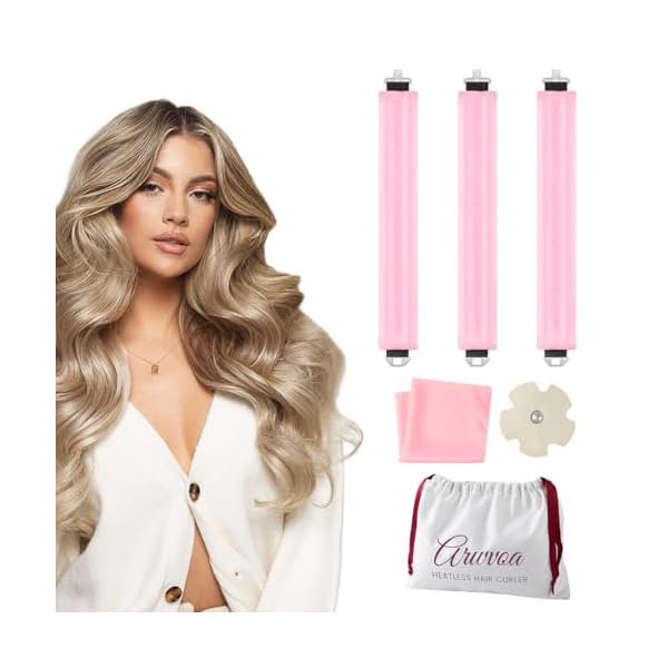 wonima02 Heatless Curls Overnight Heatless Hair Curler Heatless Blowout with Luxury White Bag Silk Scarf, Curling Rod to Sleep in No Heat Curling Headband, (Pink 3PC)