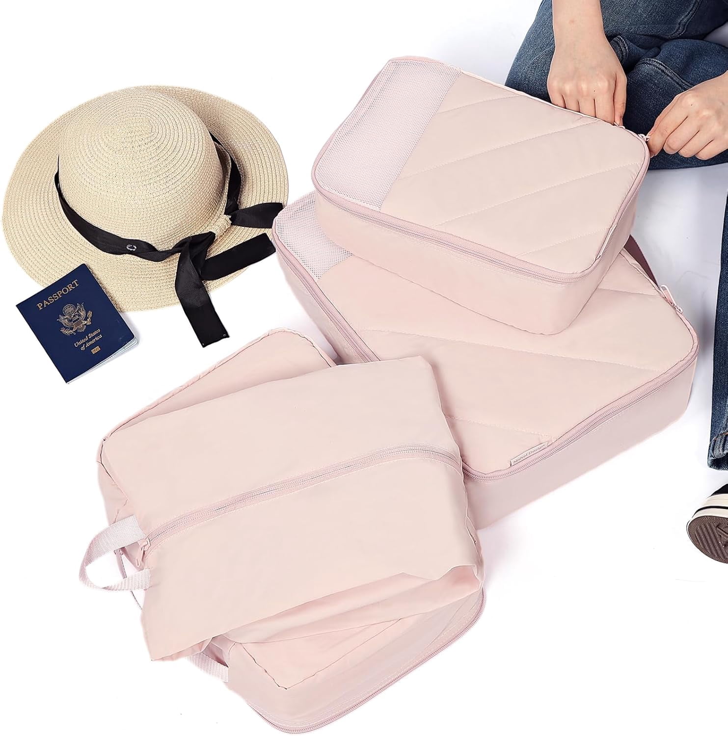 6-Set Packing Cubes for Travel – Luggage Organizer with Shoe Bag – Includes 1 Large, 3 Medium, 1 Small, 1 Shoe Bag – Breathable Mesh, Dual Zips – Pink
