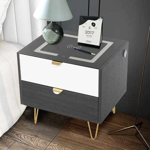 Smart Nightstand Wireless Charging 3Color LED Light Bedside End Table with 2 Drawers Bedroom