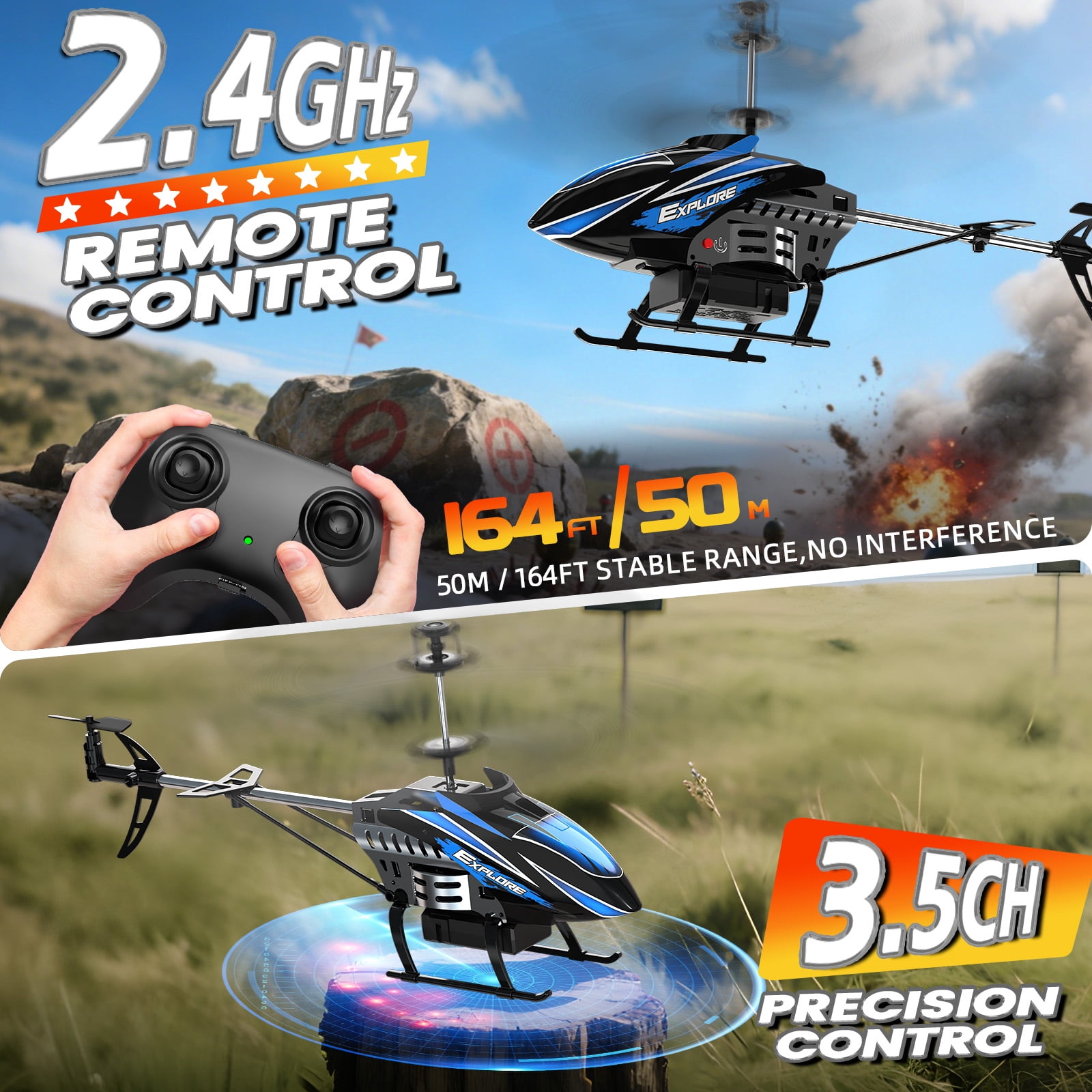 Wefone YK020 RC Helicopter for Kids with 3.5CH, 7 LED Light Modes, Altitude Hold, 2 Batteries, Blue