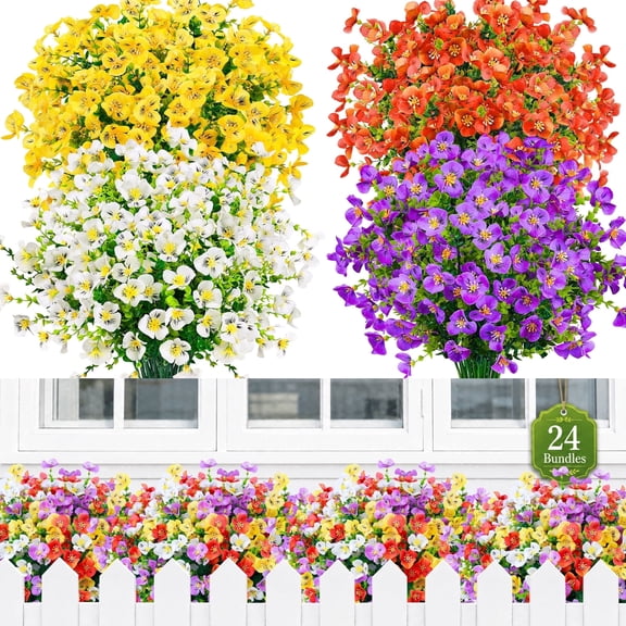 Miracliy 24 Pcs Artificial Pansy Bouquets, 4 Colors Fake Flowers for Patio, Balcony and Outdoor Decor