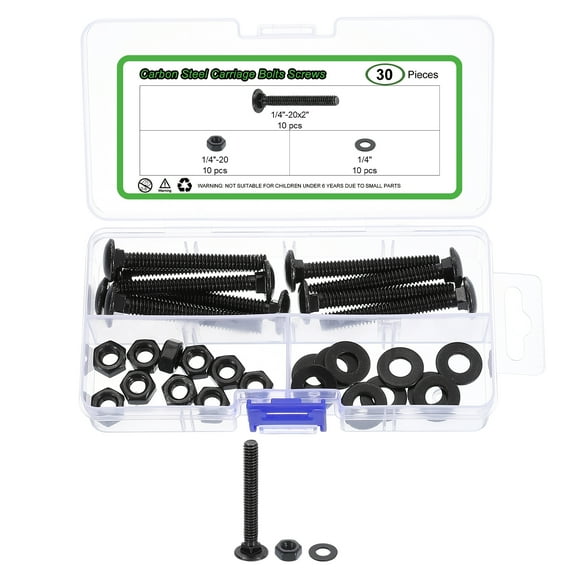 10 Set Carriage Bolts and Nuts Kit, 1/4"-20x2" Carbon Steel Round Head Square Neck Carriage Bolts Screws and Hex Nuts and Flat Washers - Black