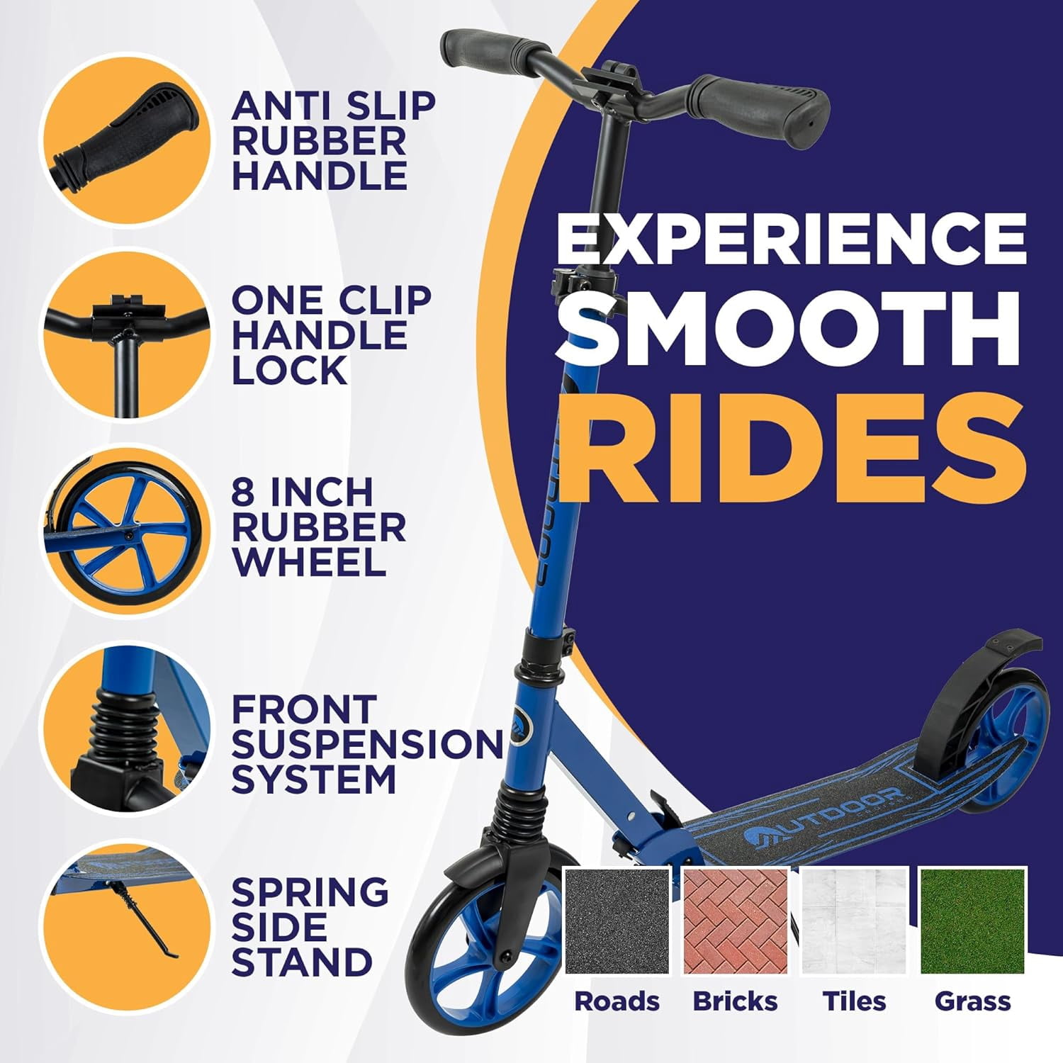 Outdoor Cruiser Kick Scooter for Ages 6+, for Kids, Teens, and Adults, Max Load 250 LBS, Foldable, 8-inch Wheels for Kids and Adults, Dual Suspension, 3 Adjustable Levels, Child Safety Approved, Blue