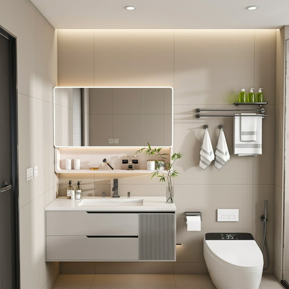 REDSASA Aluminium Medicine Cabinet Mirror, 35" x 28" Medicine Cabinet with 3 Colors LED Light & Defogging Function, Bathroom Mirror Cabinet with Cosmetic Storage Rack and Hair Dryer Holder, Khaki