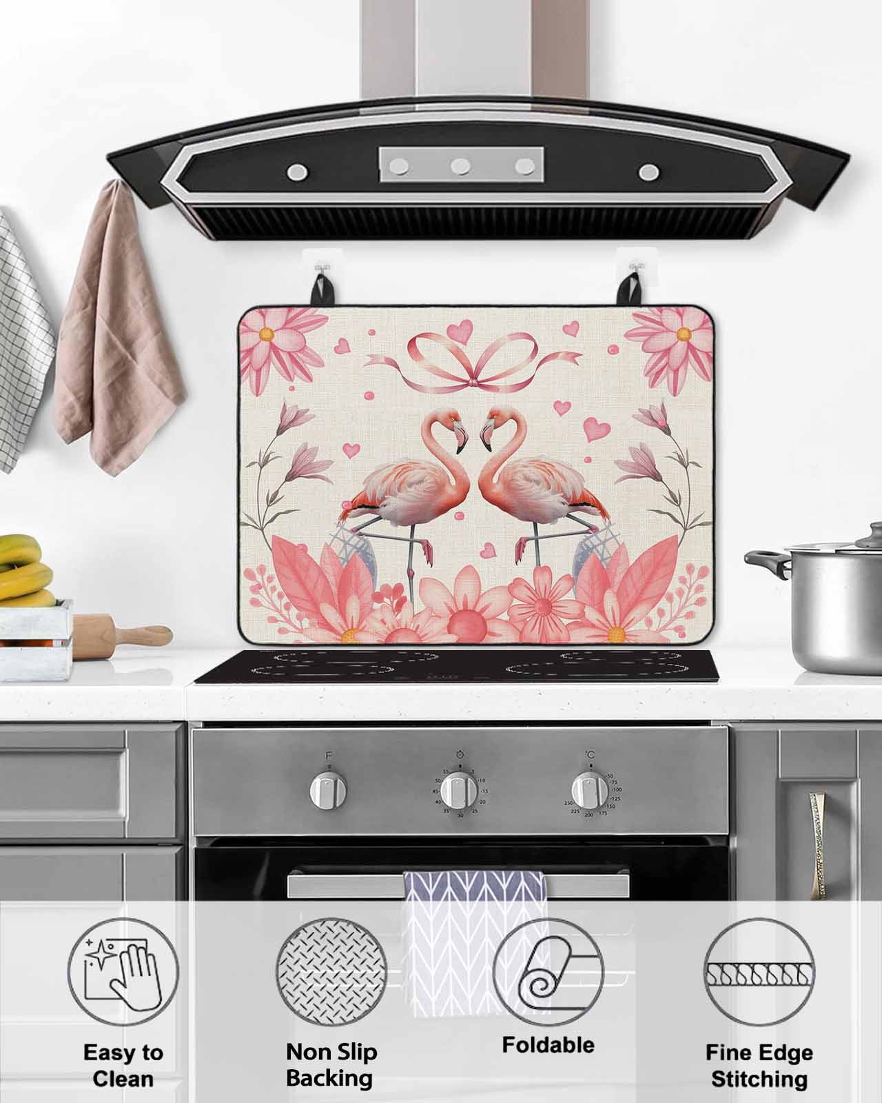 Large Induction Cooktop Protector Mat Happy Valentine's Day Stove Top Covers for Electric Stove, Romantic Pink Flamingo Floral Burlap Decorative Stove Burner Cover Mats, Glass Top Stove Cover