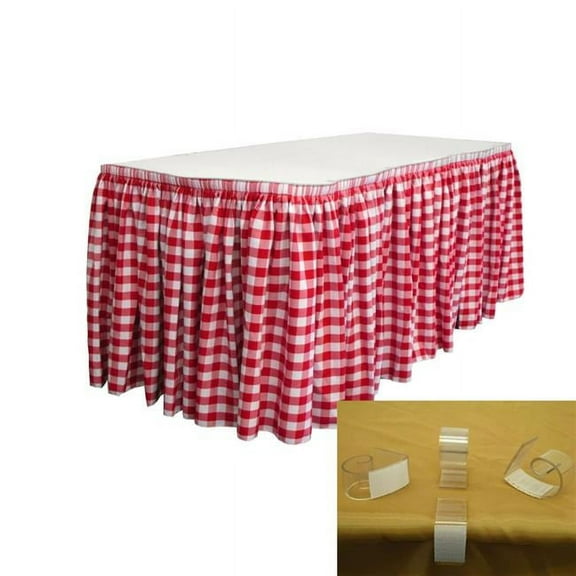 LA Linen Polyester Gingham Checkered Table Skirt 17-Foot by 29-Inch Long with 10 L-Clips, White and Red
