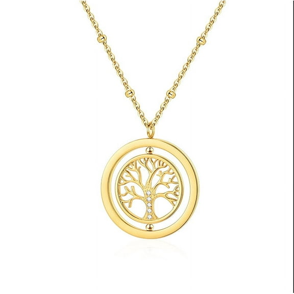 Zhuge necklace pendant, handcrafted for men and women, with diamond inlaid Tree of Life and rotatable titanium steel pendant necklace (gold)