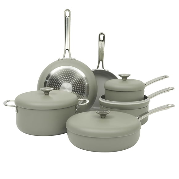 Sur La Table Kitchen Essentials Potluck Porch 10 Piece PFA Free Ceramic Non stick Interior Forged Aluminum Cookware Pots and Pans Set W/Aluminum Lids - Green - Inducti