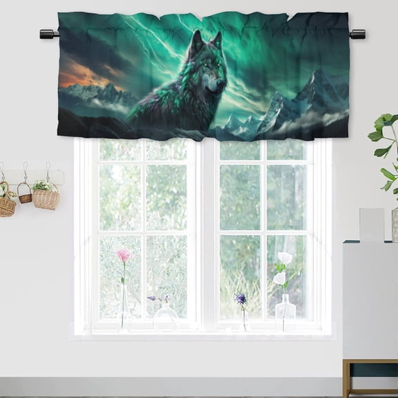 Wolf Window Curtain Valances Wildlife Animal Green Aurora Nature Scenery Rod Pocket Valances for Bedroom Living Room Dining Room 54 by 18 in, 1 Panel