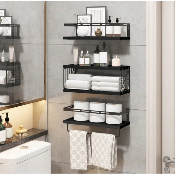 3 1 Tier Wall Mounted Bathroom Shelves Over Toilet, Rustic Wood Floating Shelves With Metal Frame And Towel Bar For Bathroom, Kitchen, Bedroom
