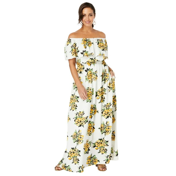 Jessica London Women's Plus Size Off-The-Shoulder Dress - 16 Sunset Yellow Bouquet Multicolored - Walmart.com
