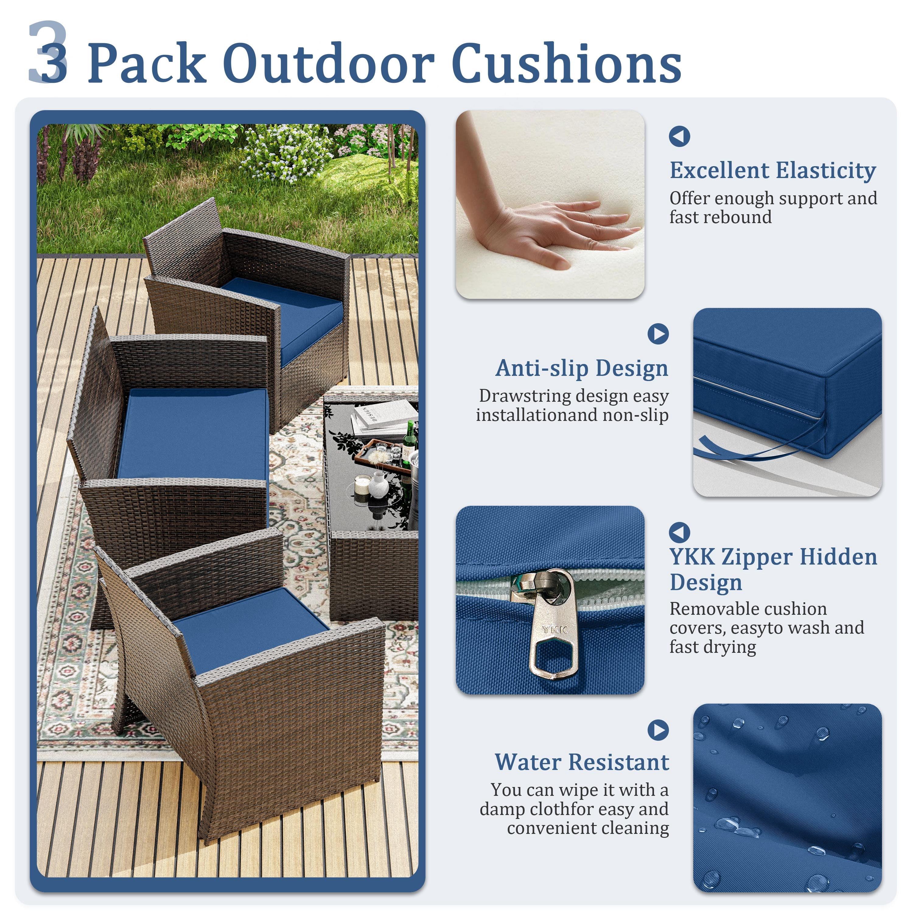 Snubbull 3 Pack Outdoor Replacement Cushions for 4-Seater Wicker Rattan Loveseat Sofa Chair Patio Furniture, 36 x 18 x 3,18 x 18 x 3, Blue