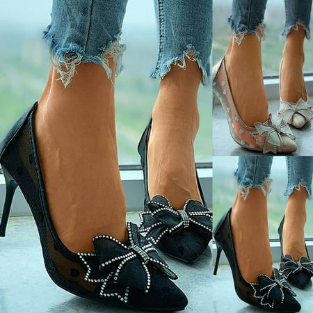 

uikmnh Women Shoes Fashion High Heels Women Spring And Summer Rhinestone Bow Mesh Pointed Toe Shoes Black 7