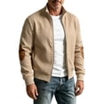 thumbnail image 2 of SGFCWSX Men's Bomber Jacket Knit Stand Collar Contrast Elbow Patch Full Zip Casual Coat with Pockets Khaki Size XL, 2 of 8