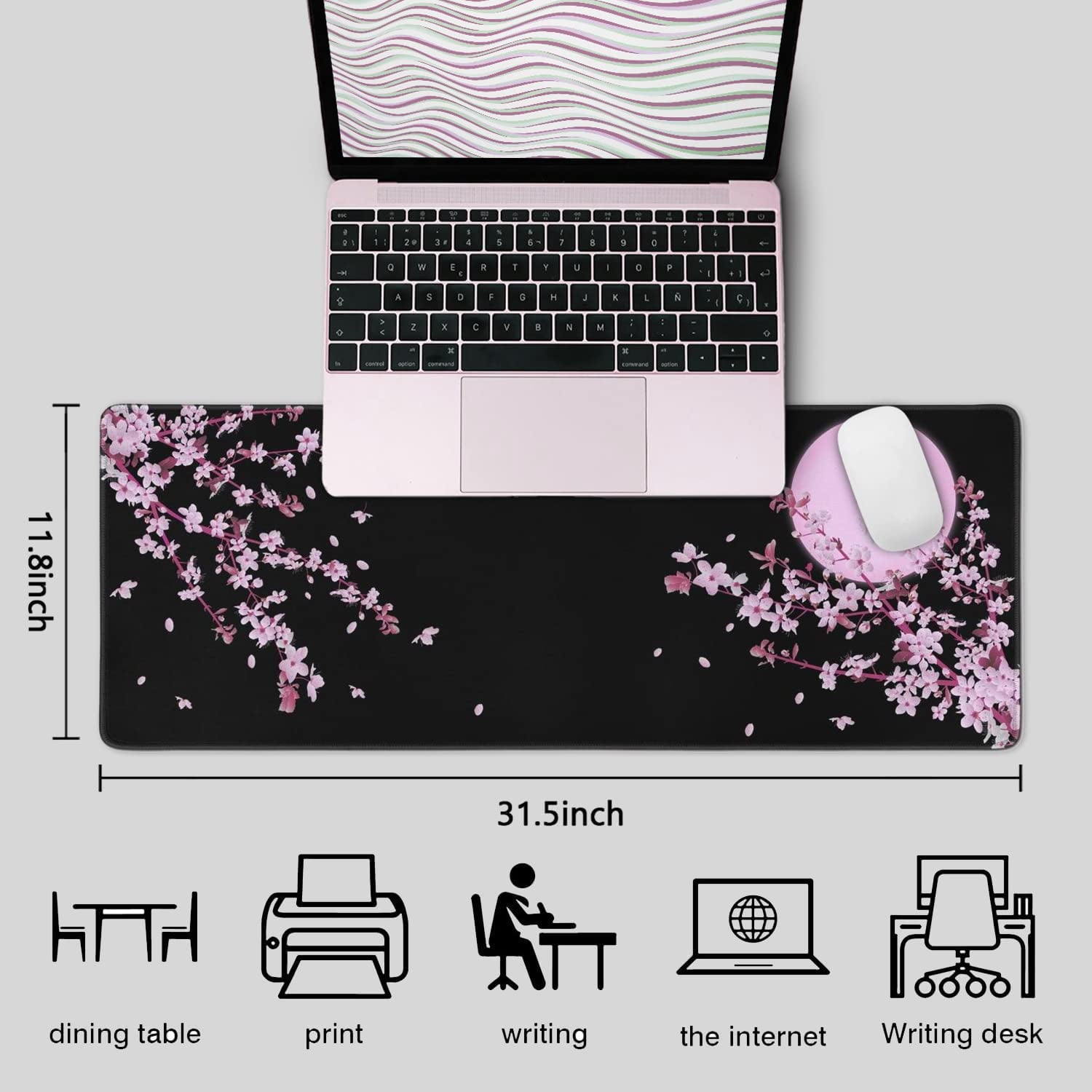 Japanese Cherry Blossom Sakura Mouse Pad Black XL, Extended Large Mouse Pad, Kawaii Pink Black Mousepad, Moon Floral Long Big Desk Mouse Mat, Cherry Blossom Decor Stuff Accessories, 31.5 X 11.8 Inch