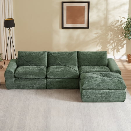 Modern Minimalist Chenille 4-Seat Combination Sofa with Foot Pedals – Spacious L-Shape Sectional Couch for Living Room, Apartment, Family, Green, 119"W, Foam+Spring Construction, Easy Clean