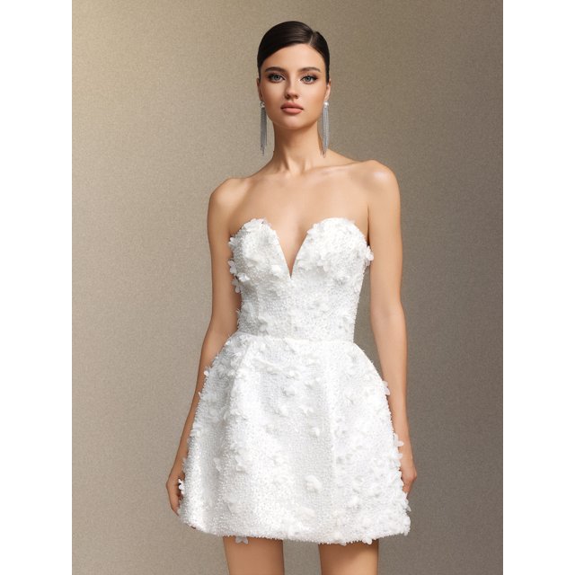 Minifalda sin tirantes con cuello en V y pedrería Dress Yamaly