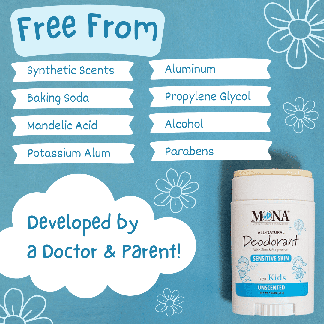 MONA Unscented Natural Deodorant for Kids & Teens, Hypoallergenic, Vegan, Safe for Sensitive Skin, 1.76 oz