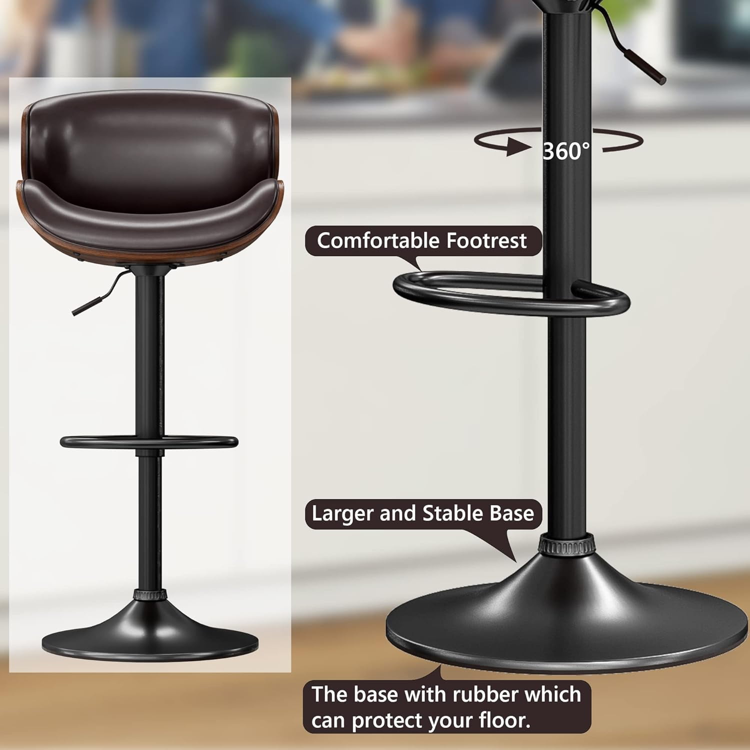 Bar Stools Adjustable Swivel Barstools Counter Stools with Back Sets of 2, Mid-Century Modern PU Leather Upholstered Counter Height Barstools, Kitchen Island Bar Chairs, Brown