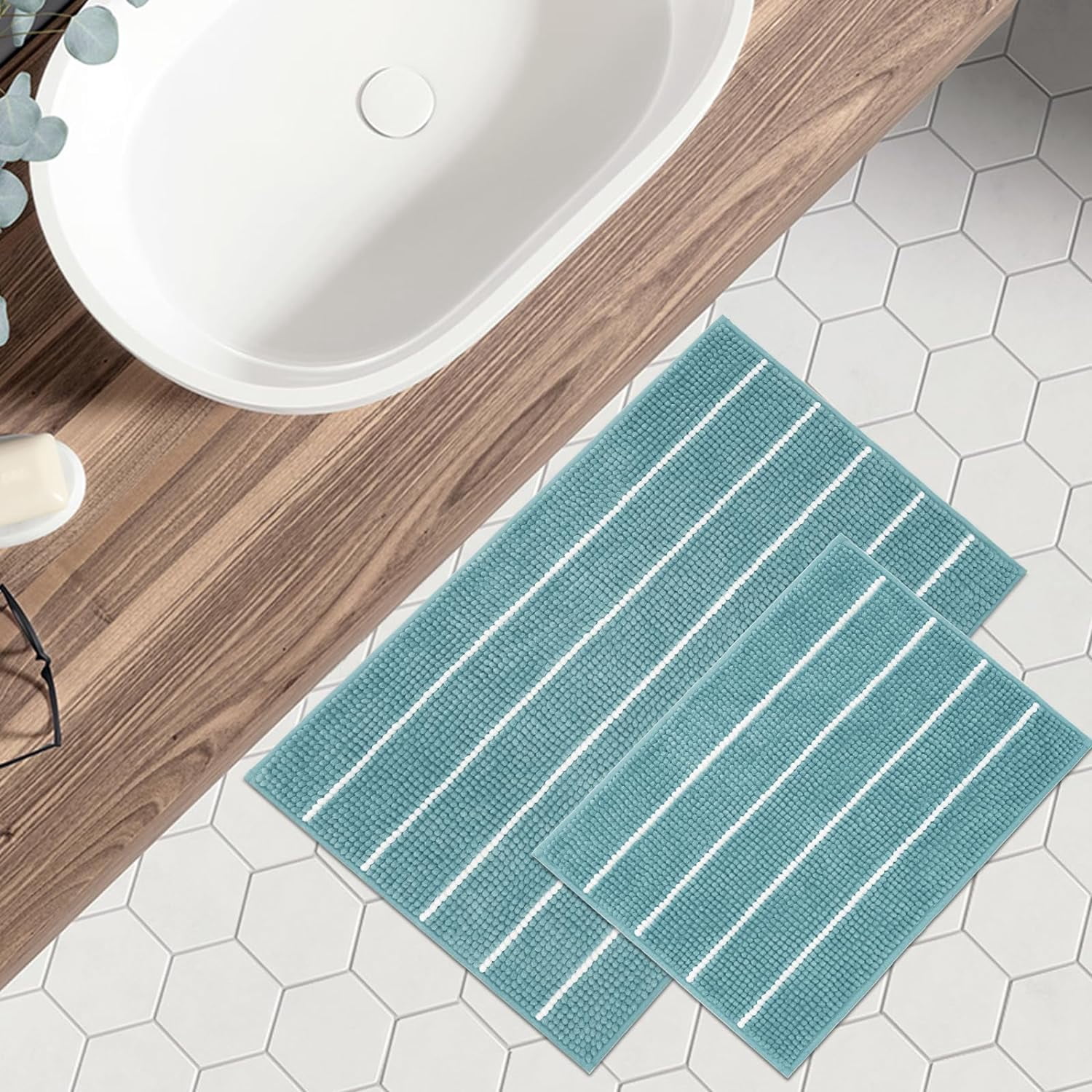 Stripe Chenille Bathroom Rugs Set 2 Piece 17"x24"+20"x32", Water Absorbent Soft Bath Mat for Bathroom, Non Slip Bath Rug Washable Quick Dry Shower Mats, Aqua Blue and White