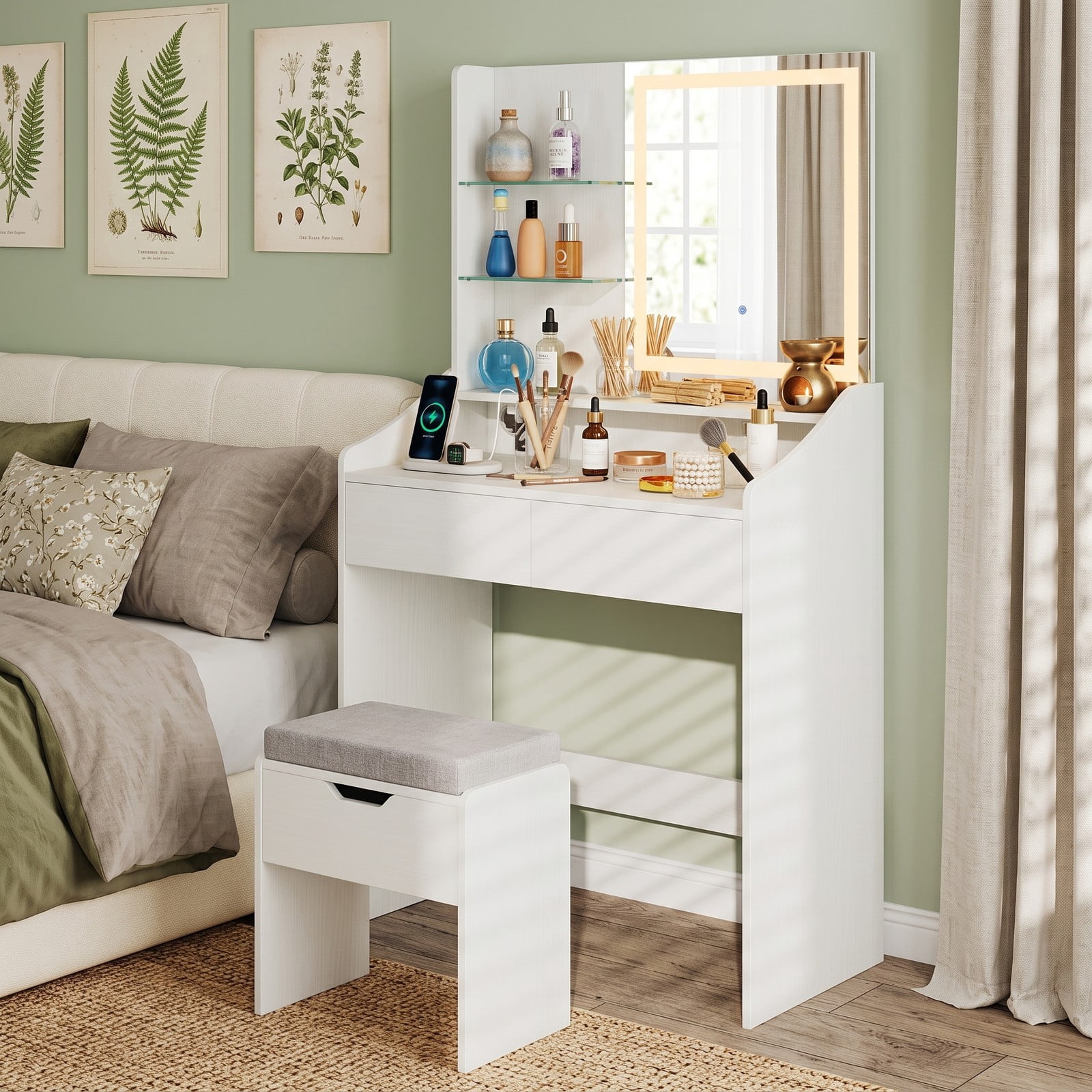 Furnibear Vanity Desk with LED Lighted Mirror and 3 Color Modes and Charging Station and Storage Stool for Bedroom, White