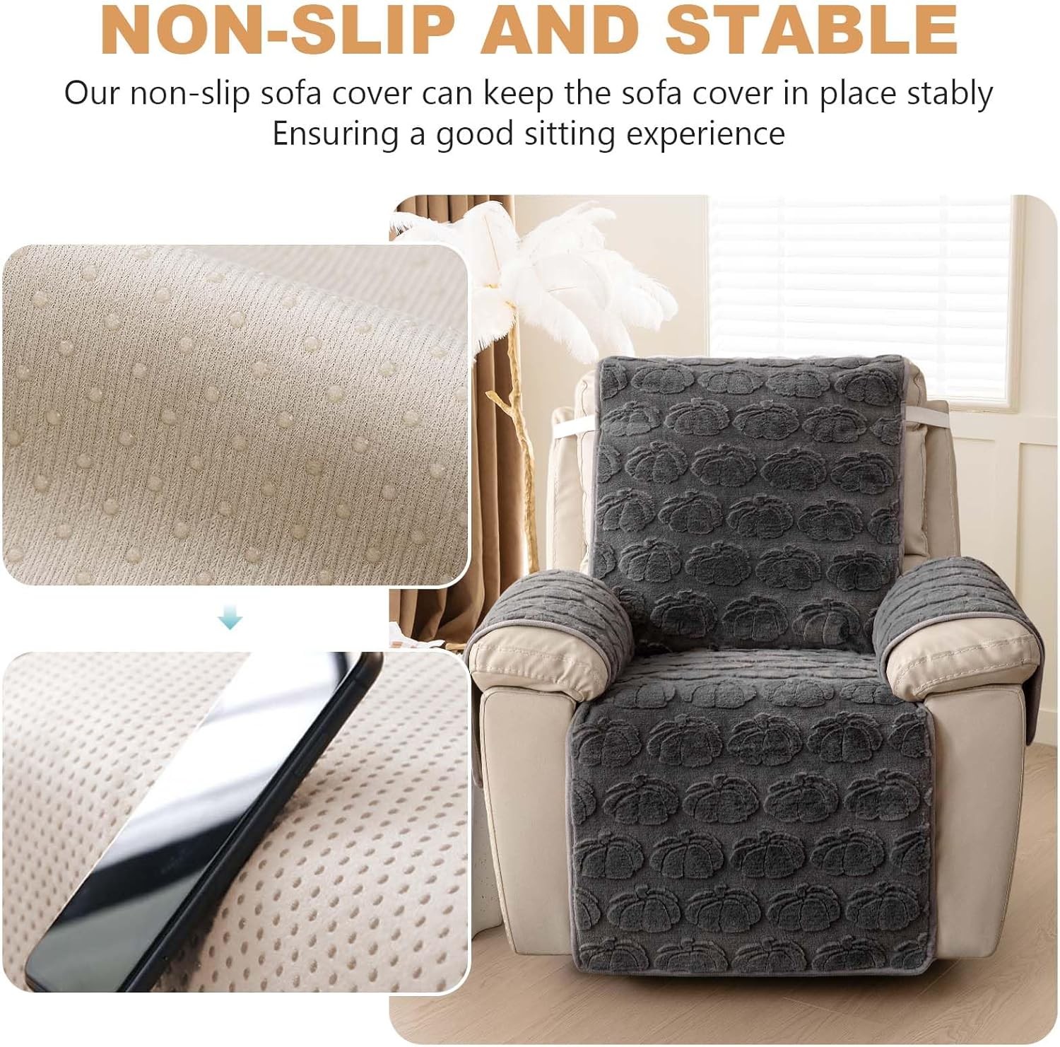 TOPCHANCES Plush Recliner Chair Cover, Faux Rabbit Fur 1-Seater Sofa Cover, Washable Armchair Protector with Adjustable Elastic Belt for 23 Inches Recliner (Gray)