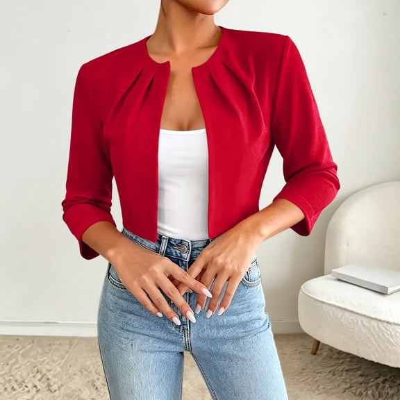 IUYRTFE Women's Cropped Open Front Shrug Cardigan – Solid Color 3/4 Sleeve Pleated Bolero Jacket for Office and Casual Layering