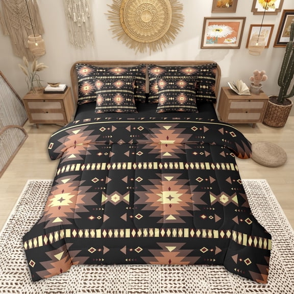 Homewish Black Brown Aztec Twin Bedding Sets 7-Piece, Bohemian Geometric Bedding Comforter Set, Rustic Lodge Cabin Farmhouse Sheet Sets, Lightweight Room Decor