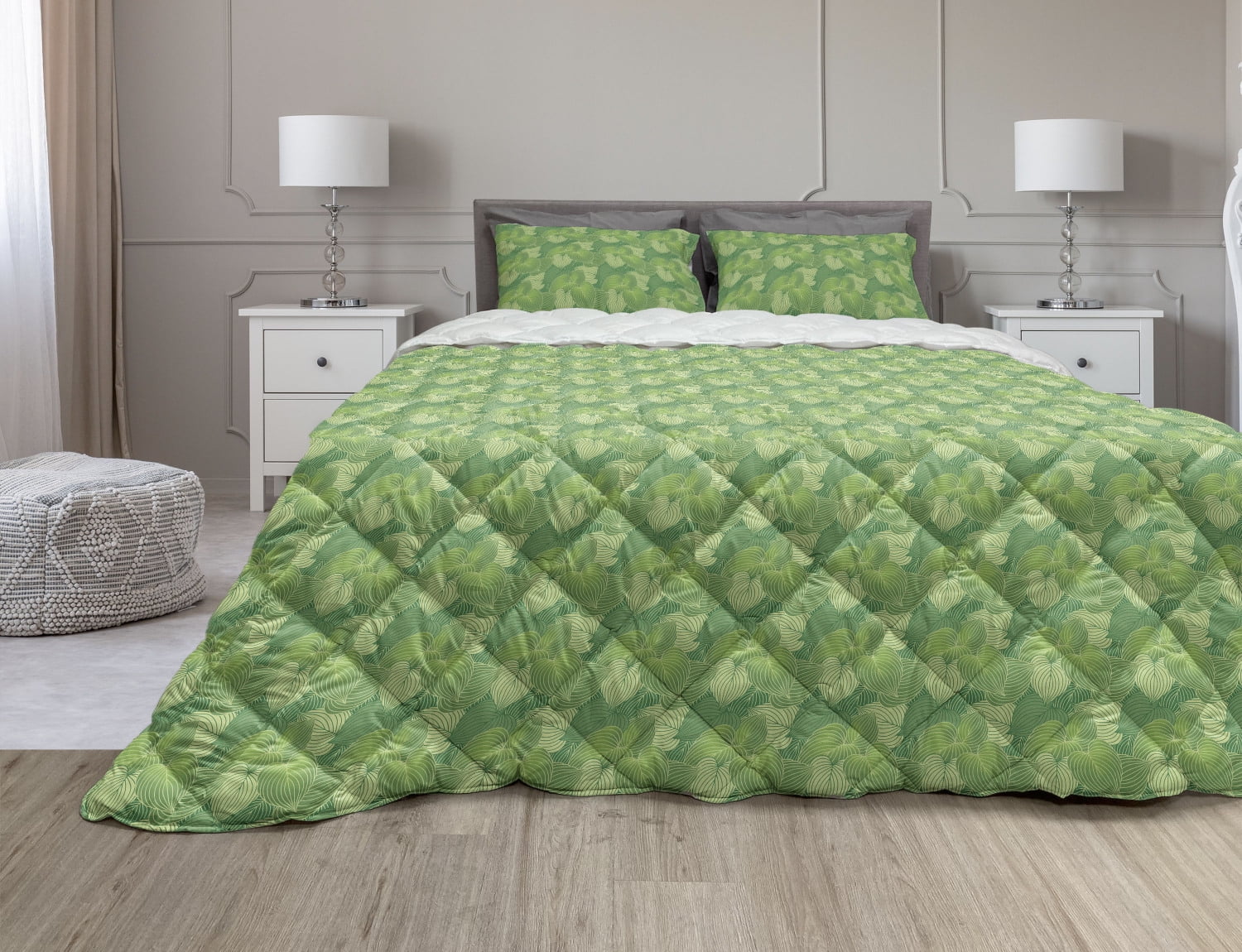 Green Comforter & Sham Bedding Set, Abstract Hosta Plants Forest Growth