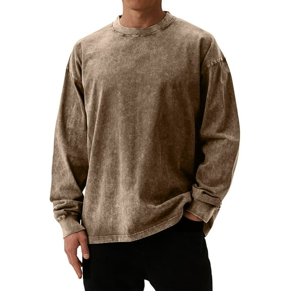 YNGKMEA Oversized T Shirts for Men Long Sleeve Retro Distressed Pullover Shirts Crewneck Vintage Acid Wash Tshirts 2025 Fall Comfort Colors Sweatshirt Army Green XXL