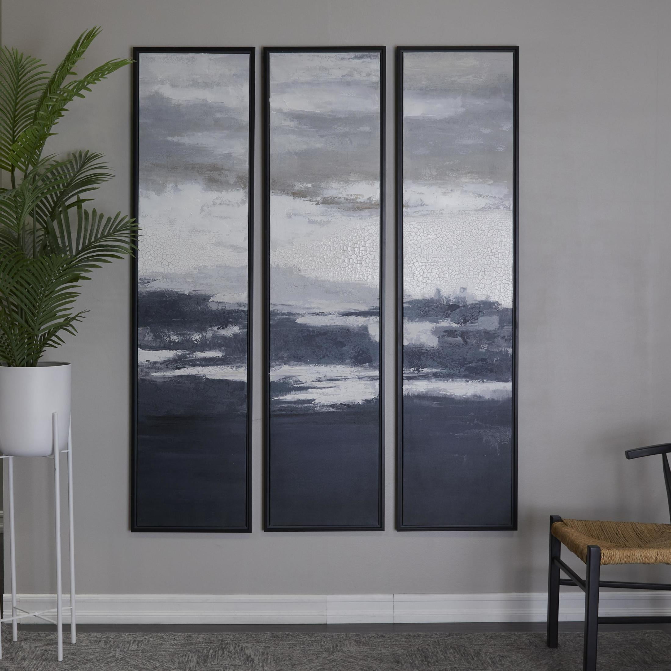 18" x 71" Abstract Textured Panel Ocean Landscape Framed Wall Art with Black Frames, by DecMode (3 Count)