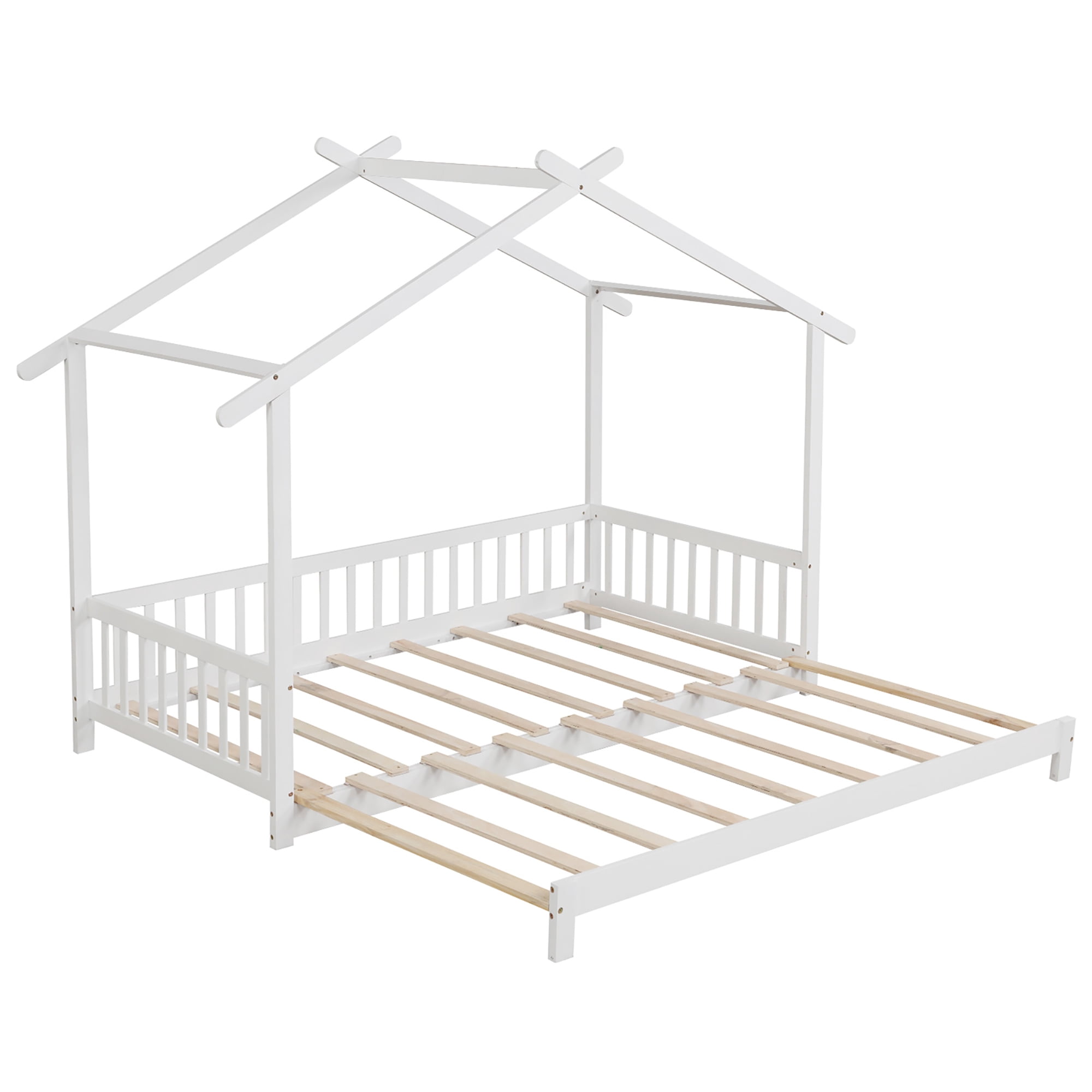 Gymax Wooden House Bed Twin to King Daybed w/ Safety Rails & Decorable Roof White