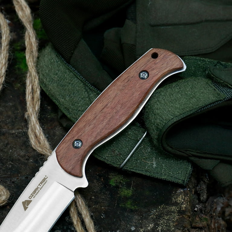 Ozark Trail 8 inch Fixed Blade Knife ,Wood Handle,Fixed Knife 3Pcs Set  Removable Belt Loop,Camping Knife Set 