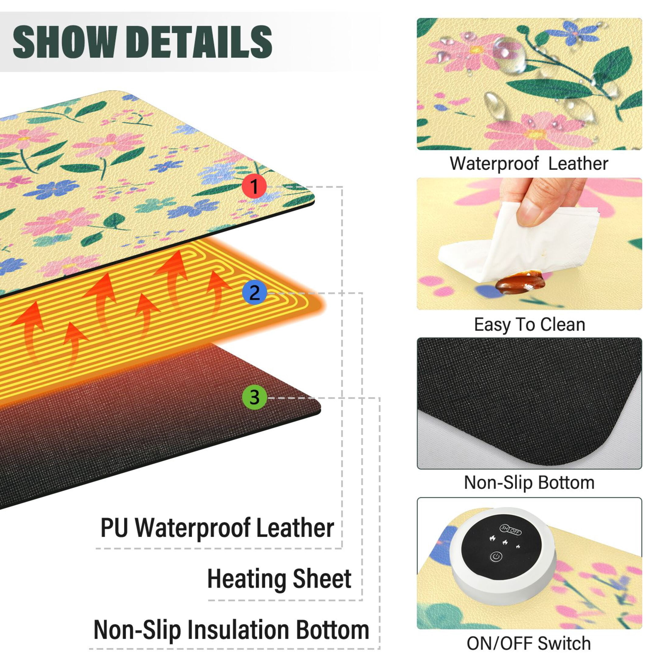 Large Heated Desk Mat Mouse Pad 31.5"x13"PU Leather Graphene Heating Desk Warmer with 3 Temperature Settings 110V US Plug Non-Slip Warm Pad for Home, Office, and Gaming Spring Meadow Floral Print