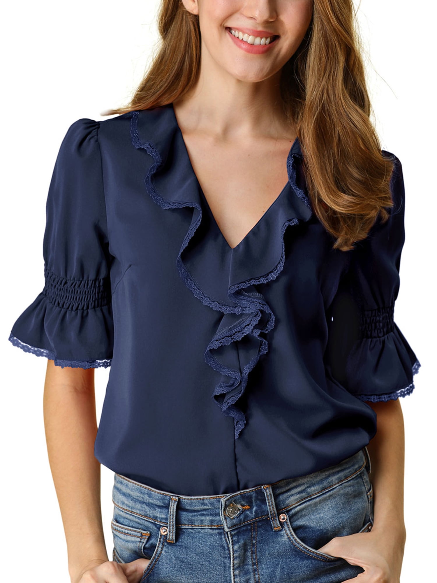 Unique Bargains Unique Bargains Womens Ruffle V Neck Half Bell Sleeve Blouse Casual Chiffon