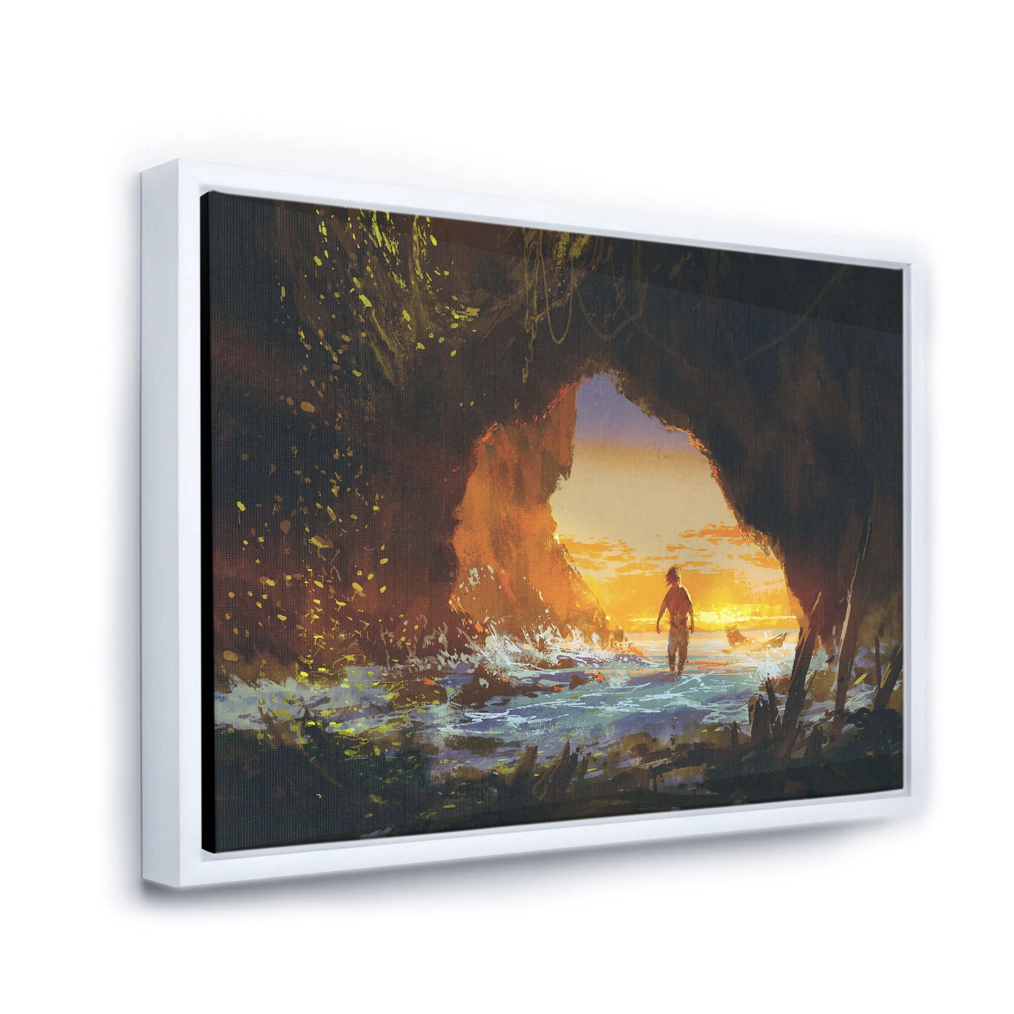 Designart 'The Sea Cave At Sunset With The Man Walking In' Nautical & Coastal Framed Canvas Wall Art Print