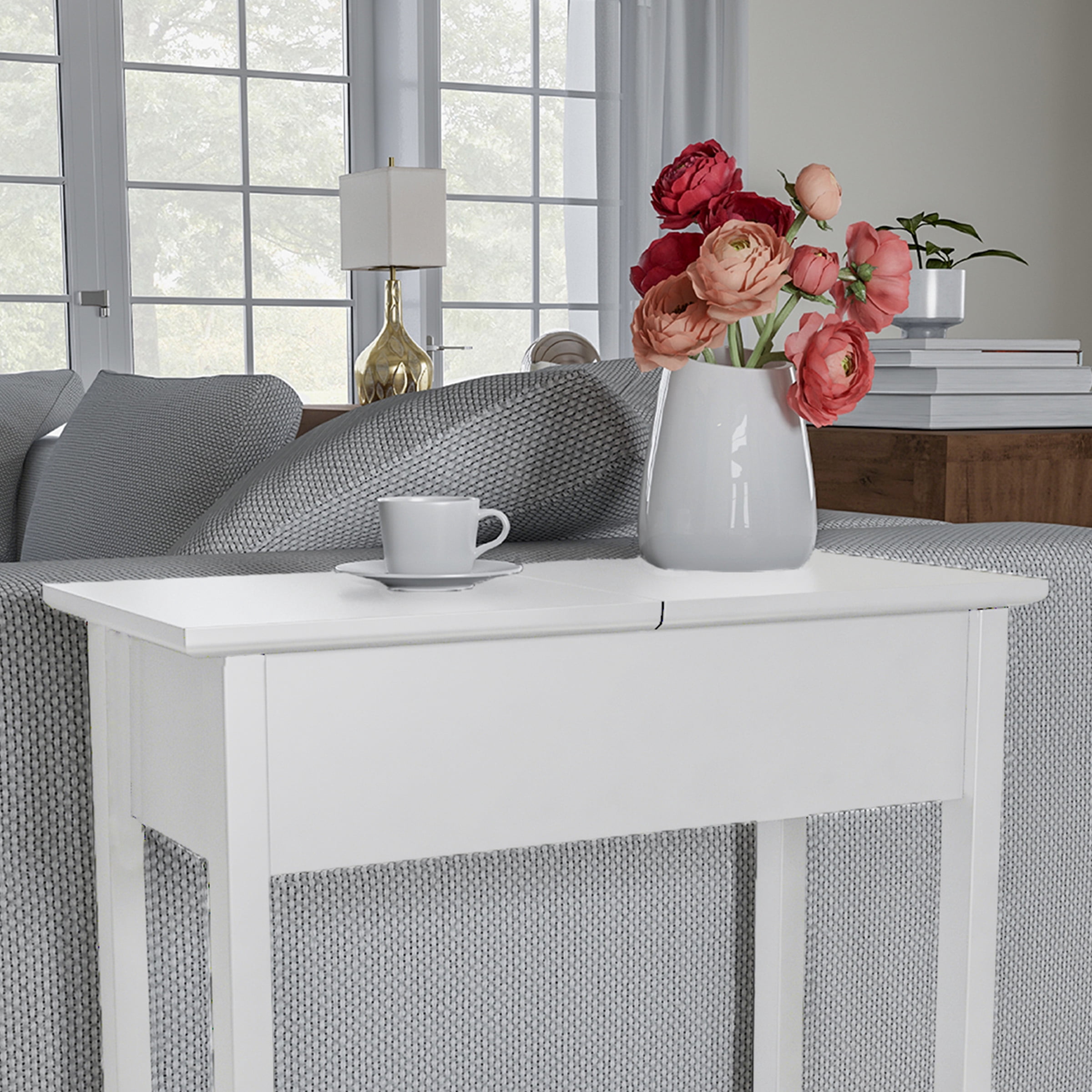 Lavish Home Narrow End Table with Storage Compartment and Shelf (White)