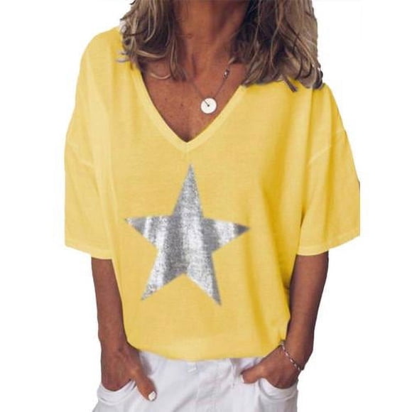 Yanluna Grande Taille 5TG t-shirts femme Imprimé Étoile Été Manches Courtes T-Shirt femme Col en V Ample Tee Hauts femme t-shirts mujer camisetas