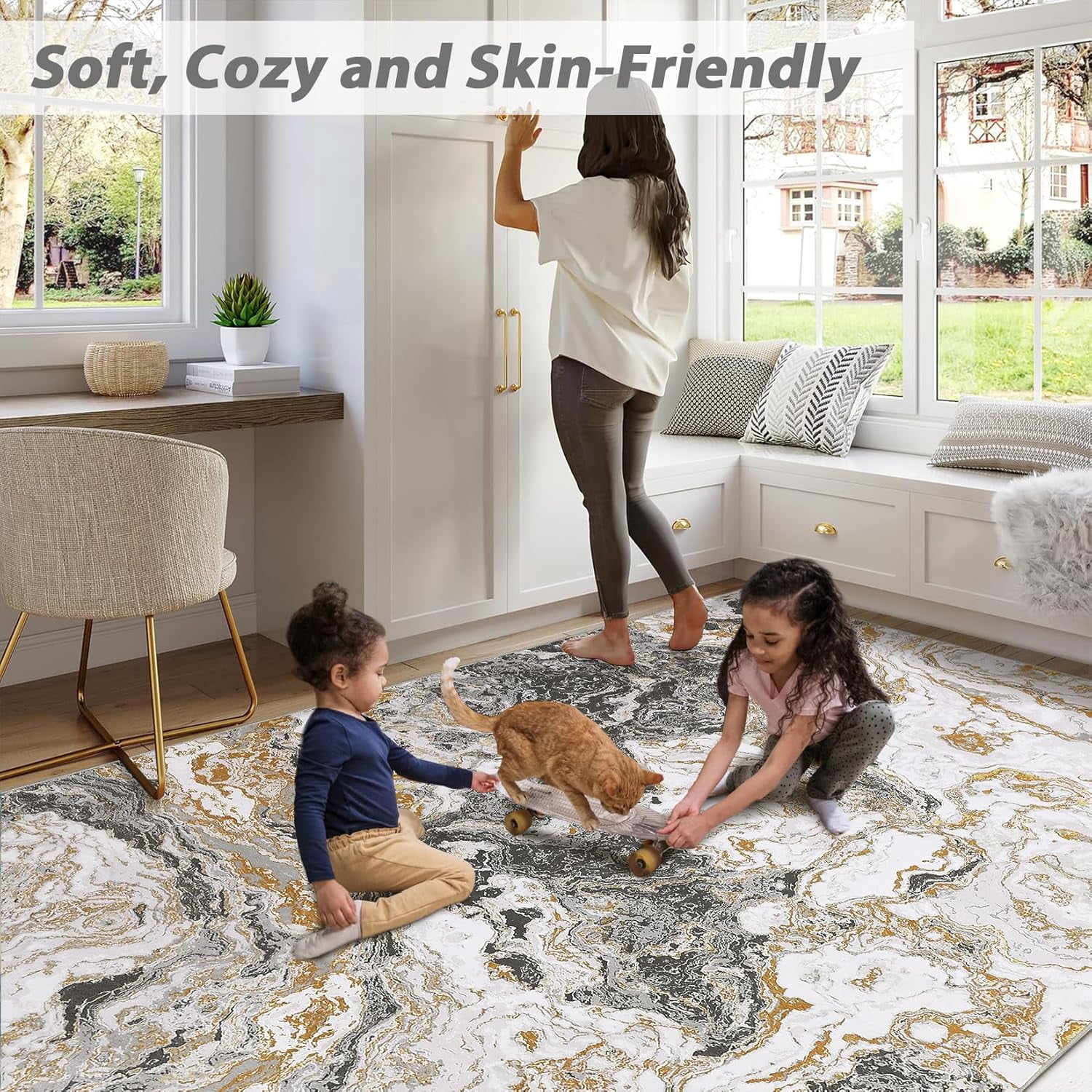 Homhougo 10x13 Washable Abstract Marble Area Rug, Soft Modern Non-Slip Luxury Carpet for Living Room, Bedroom, High Traffic Kitchen Entryway, Grey