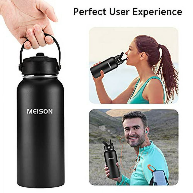 Insulated Water Bottle with Straw 32oz, Sports Water Bottle 1 Liter, Reusable Wide Mouth Vacuum 188 Stainless Steel Thermos Flask, Double Wall, BPA-Fr